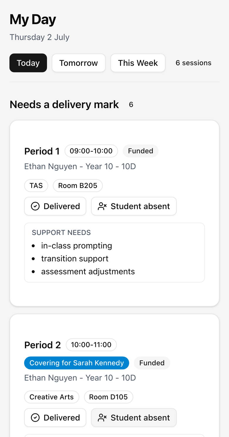 SLSO mobile My Day view: a session labelled Covering for Sarah Kennedy, with funded tag, room, support needs and a Mark delivered button.